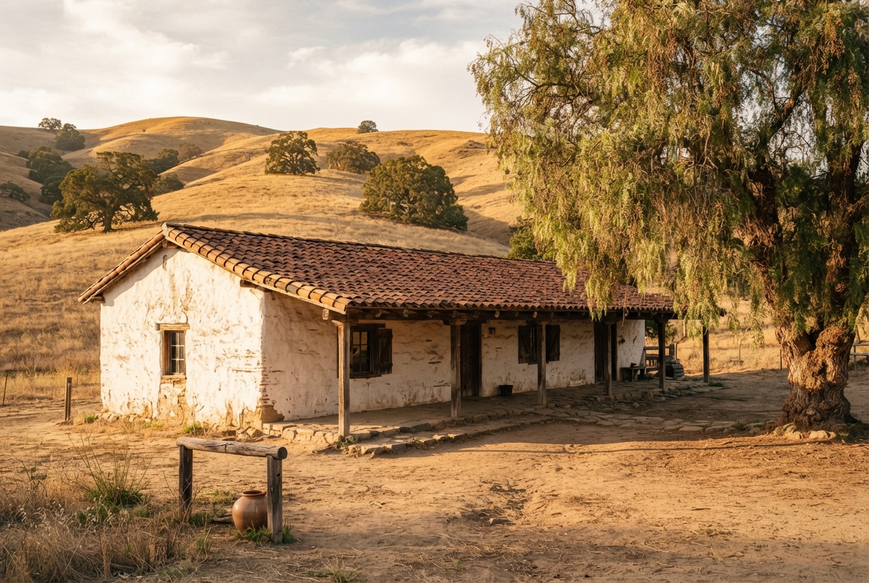 A rancho adobe under a pepper tree