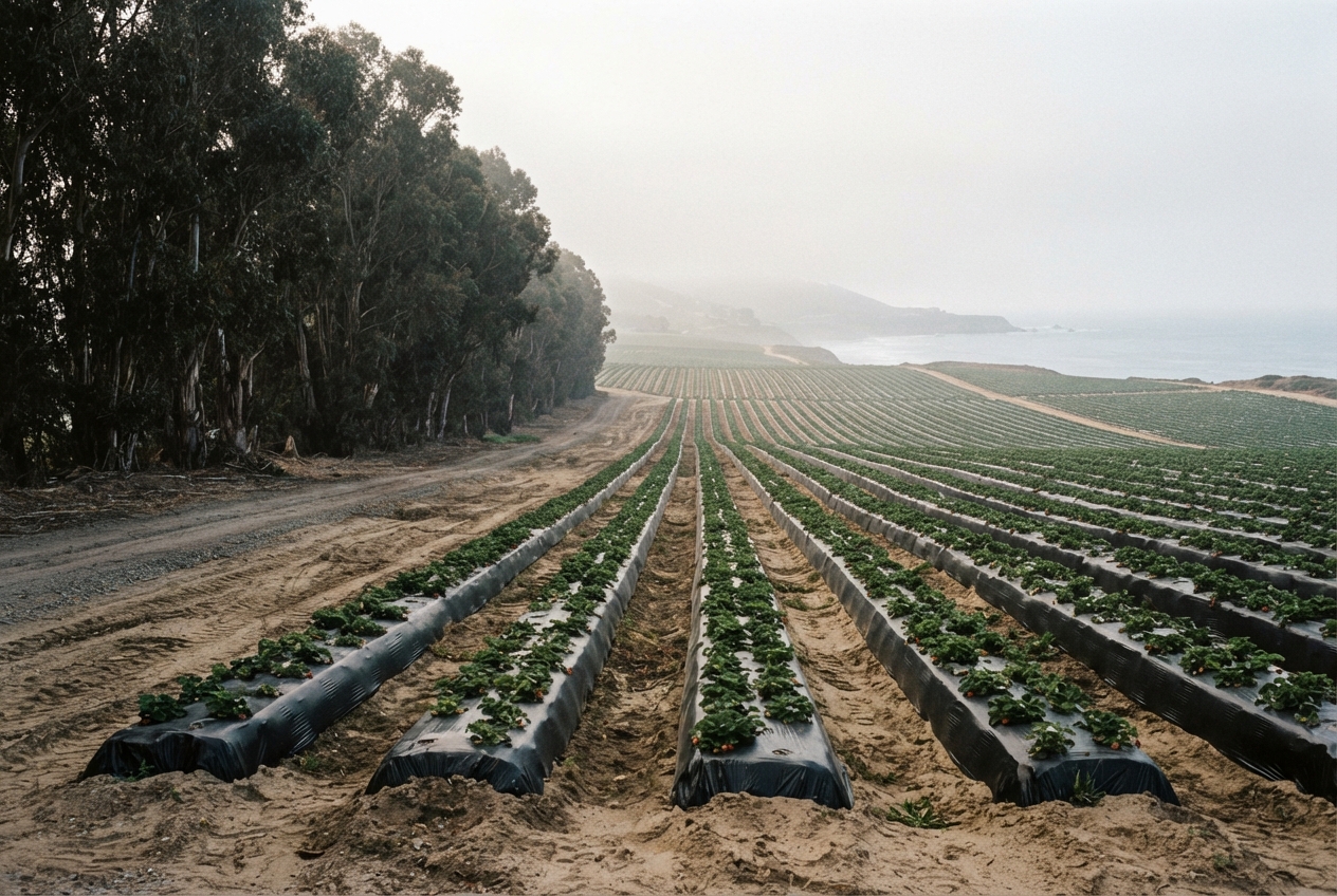 Strawberry rows under a eucalyptus windbreak in fog