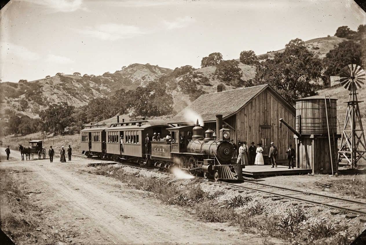 A narrow-gauge steam train at a small depot, 1890s