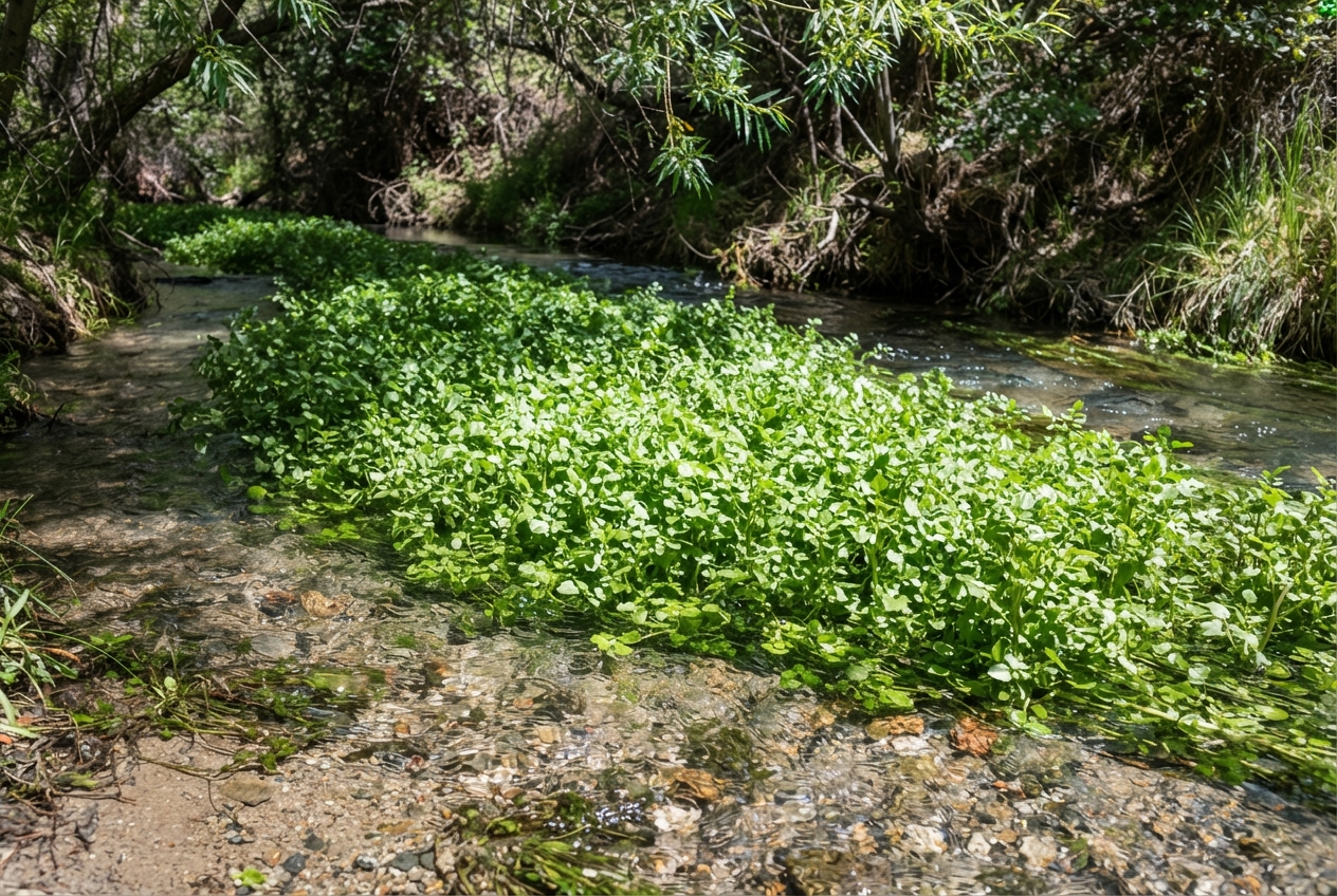 Watercress growing thick in a clear creek