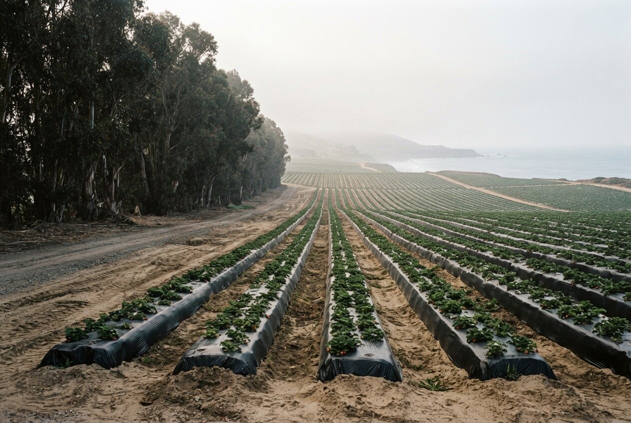 Strawberry rows under a eucalyptus windbreak in fog