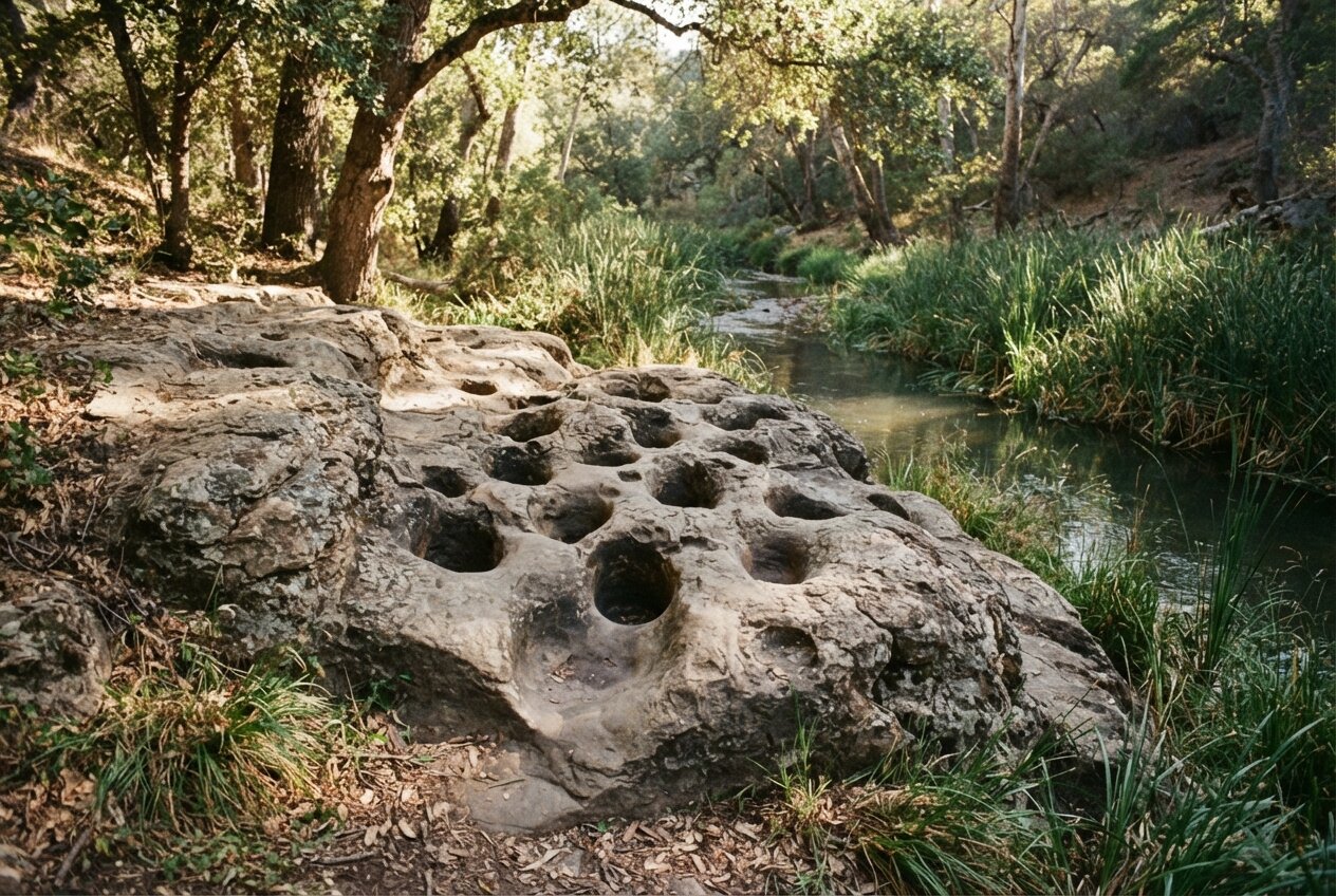 Bedrock mortars beside a creek