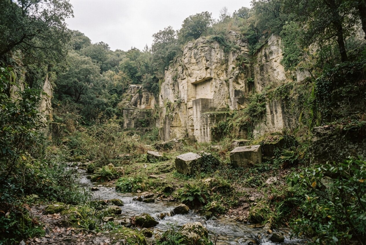 An old tuff quarry face in an oak canyon